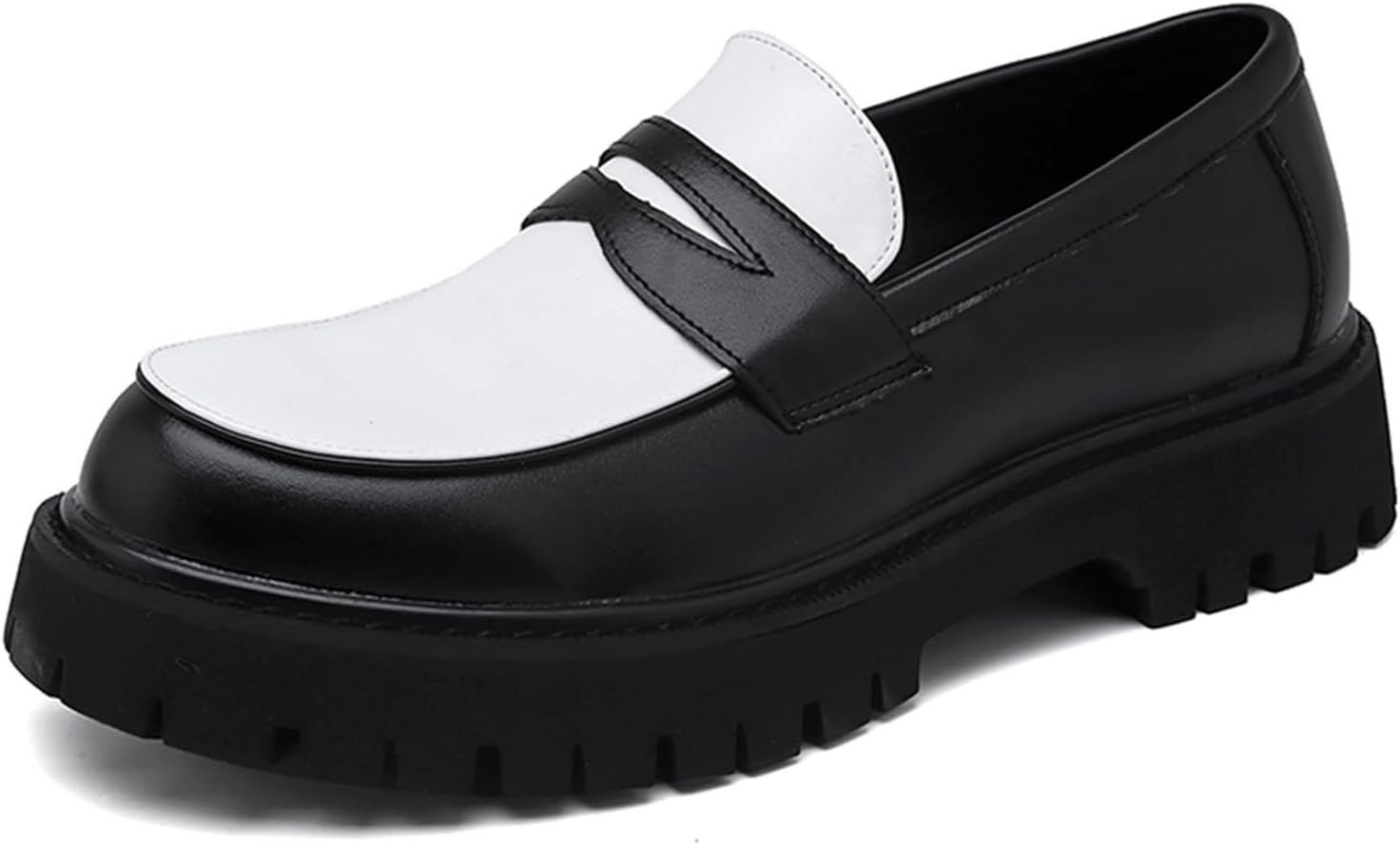 

Мужские двухцветные кожаные слипоны на платформе с монетным карманом, массивный носок, противоскользящая подошва с рифлением, кисточки, цветной блок, деловая обувь для повседневной носки Tixewsjh, черный