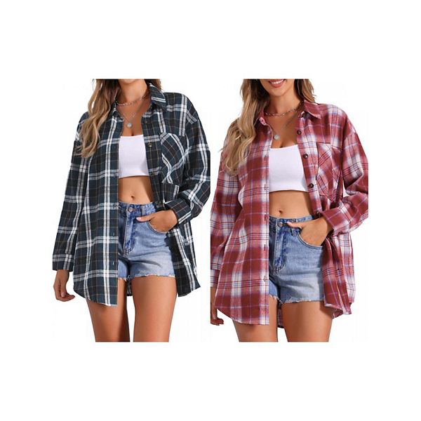 

2 упаковки женской клетчатой рубашки oversize с длинным рукавом Inspire Chic, Blue Dark Red
