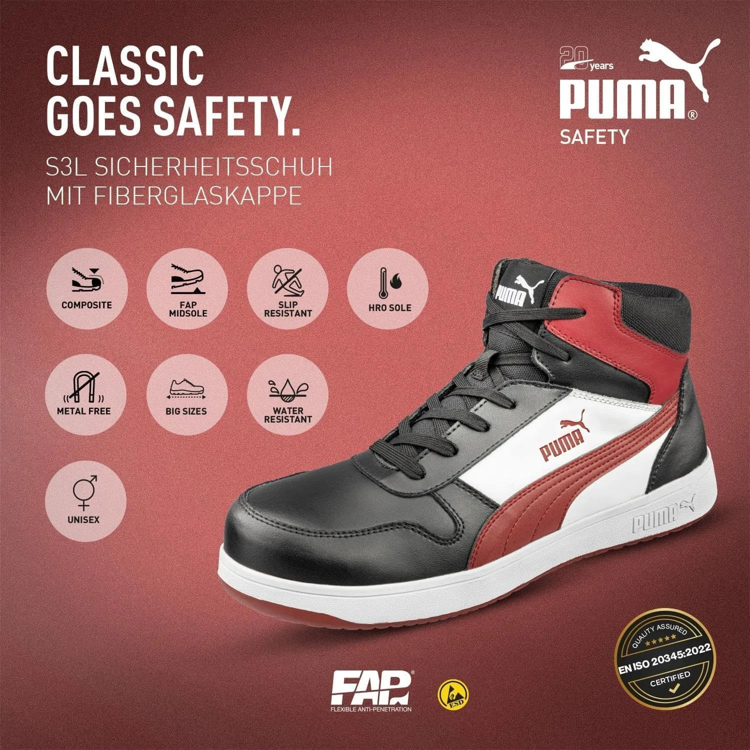 Защитная обувь PUMA Safety Frontcourse Mid S3 ESD FO HRO SR унисекс, нескользящая, безметаллическая, из стекловолокна, Black / White / Red — фото 4