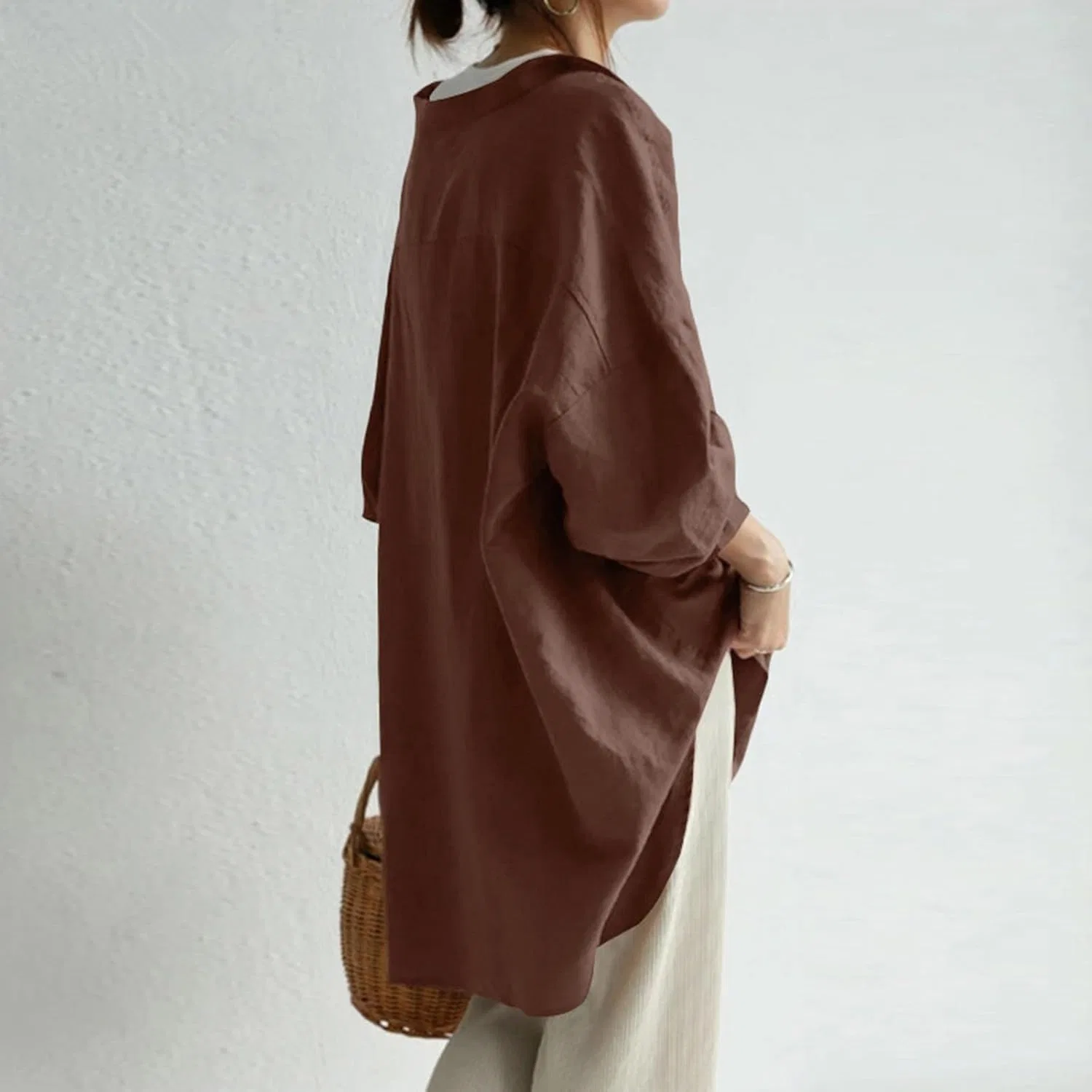Блуза длинная, женская, Oversize, V-образный вырез, кружево, кофе — фото 3