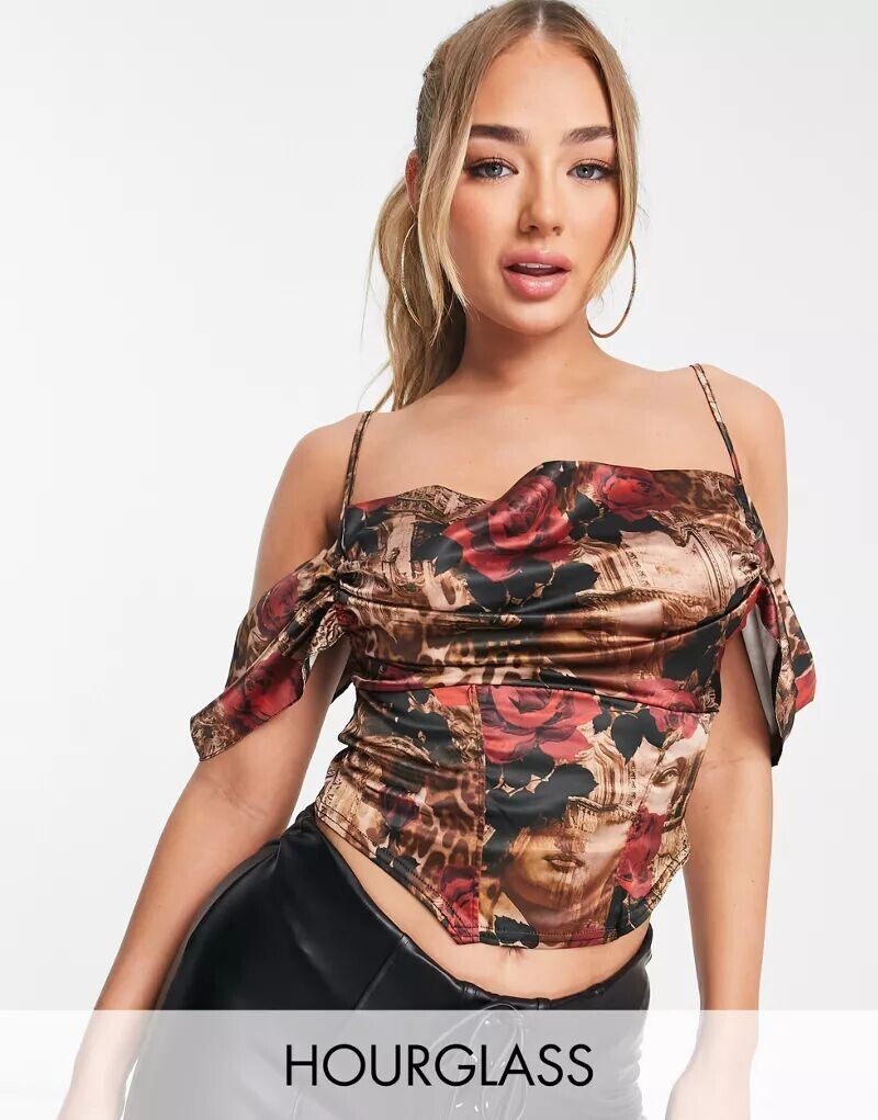 

ASOS Атласный корсетный топ с открытыми плечами Fuller Bust, ренессансным принтом и воротником-хомутом
