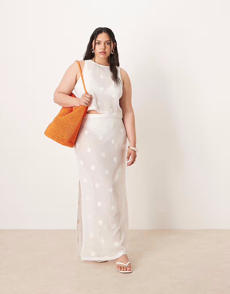 

Юбка макси Coord с цветочной вышивкой и завязками по бокам, белая Asos Curve