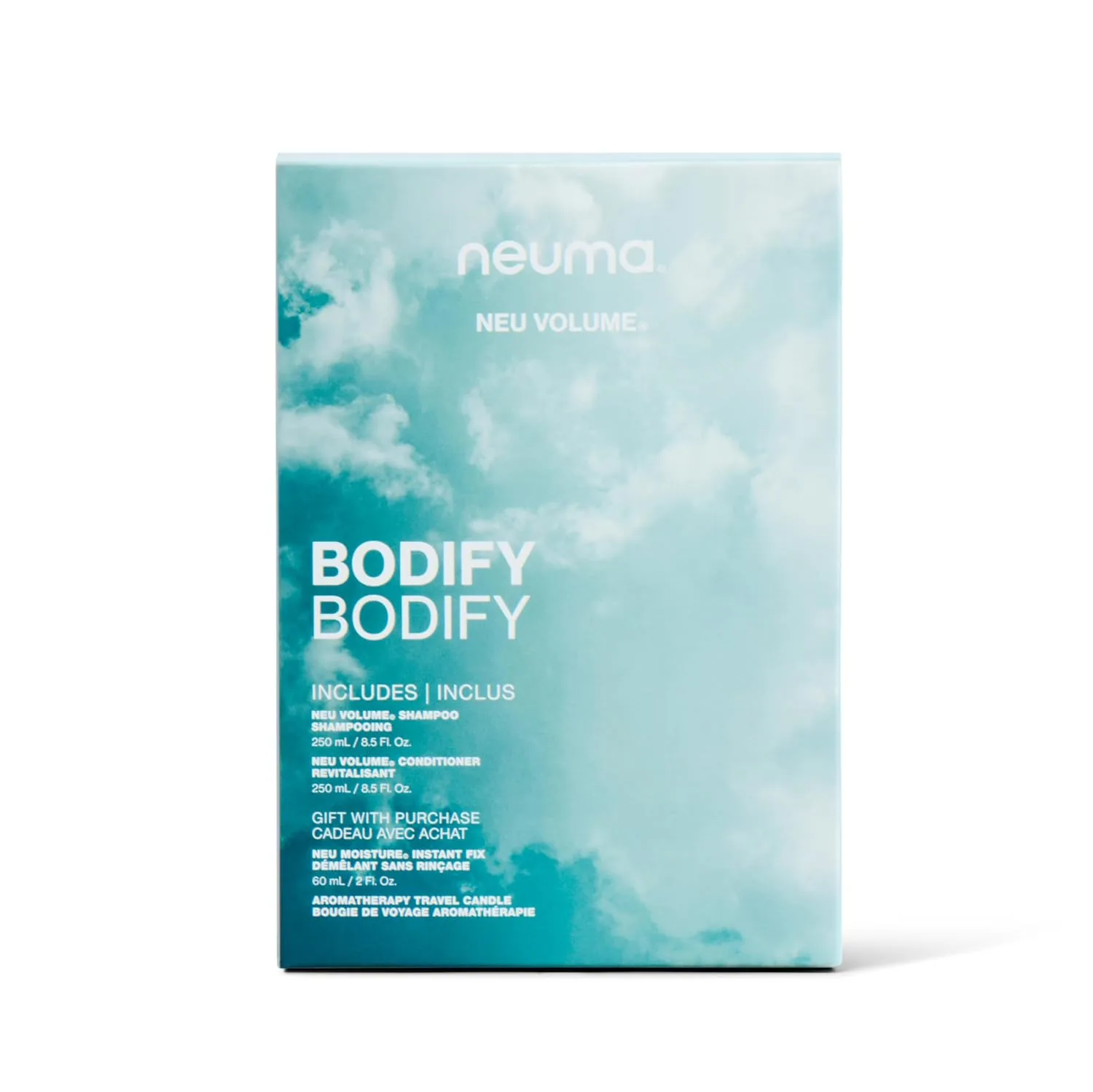 NEUMA Glow Strong. Glow Bright. Подарочный набор Bodify. Шампунь и кондиционер Neu Volume 8,5 жидких унций + увлажняющий крем Neu Moisture 2 жидких унции Instant Fix + дорожная ароматическая свеча