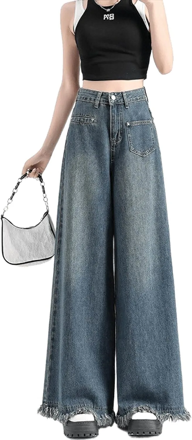 

Y2K широкие джинсы с бахромой для женщин, high waist, loose fit UICIOP