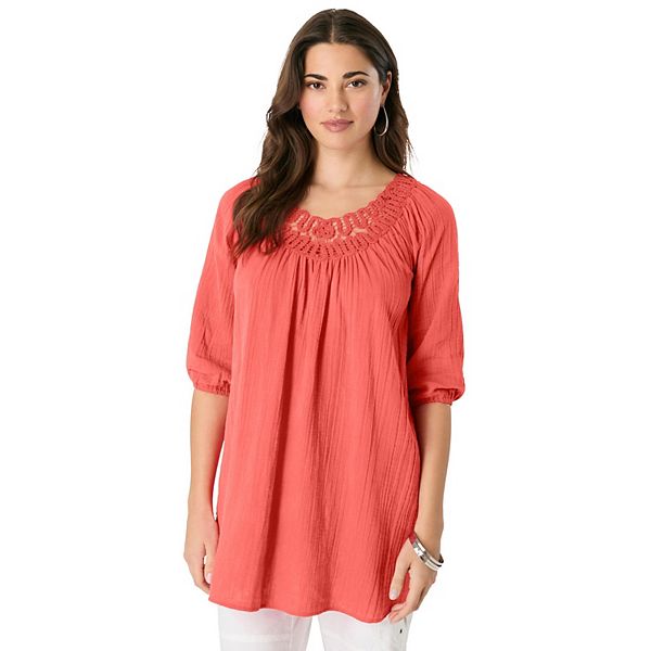 

Женская блузка-пуловер с кружевной отделкой plus size Roaman'S, Sunset Coral