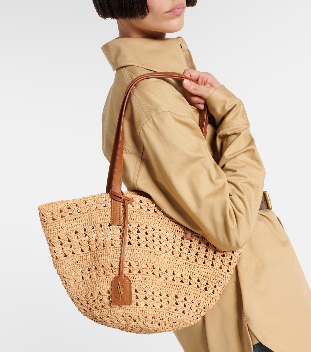 Плетеная сумка-корзинка Panier Small из рафии Saint Laurent, Naturel + Brick — фото 2