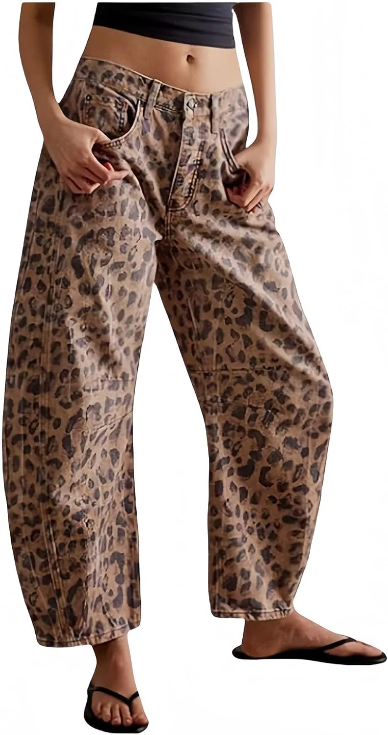 

Джинсы Leopard Barrel для женщин, Stretchy, Baggy, Mid Rise, Wide Leg