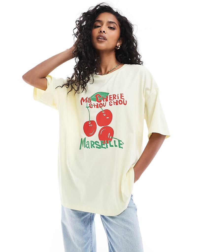 

ASOS DESIGN — футболка оверсайз лимонного цвета с изображением вишни