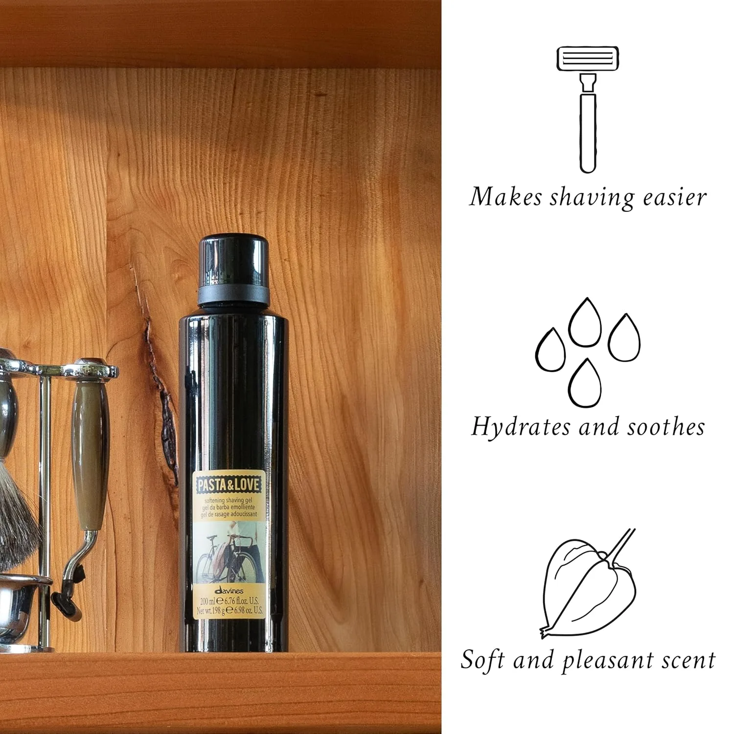 Davines Pasta & Love Смягчающий гель для бритья, насыщенный пенящийся гель для бритья - смягчает волосы для гладкого и комфортного бритья - защищает кожу от раздражения и стянутости, 200 мл — фото 3