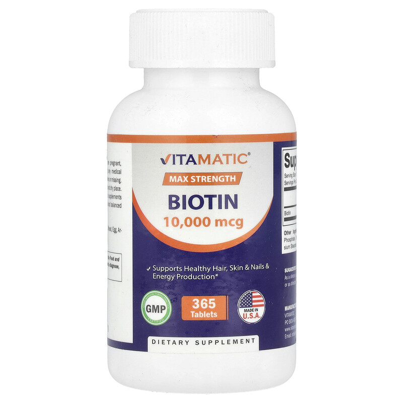 

Vitamatic, Биотин, максимальная эффективность, 10 000 мкг, 365 таблеток