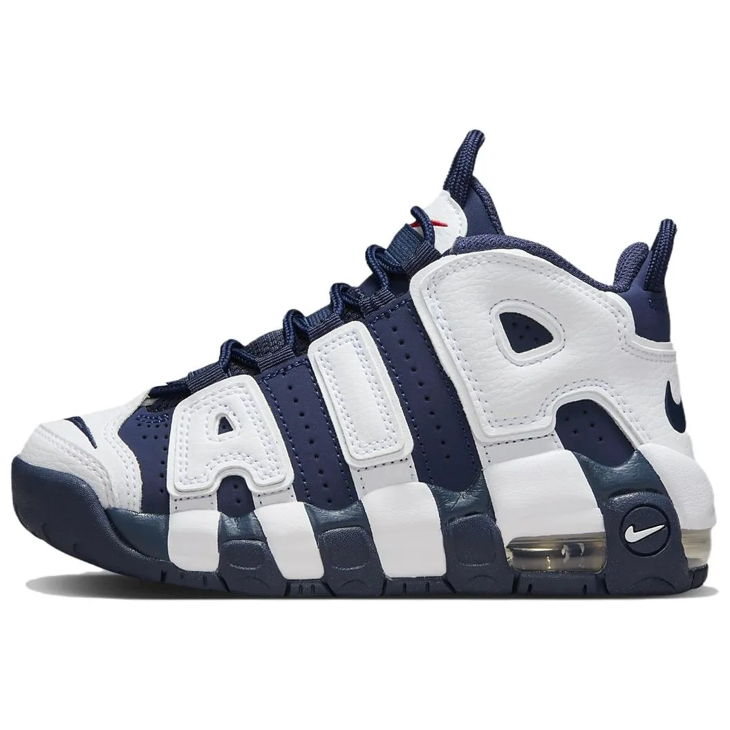 Nike Детские баскетбольные кроссовки Air More Uptempo Leather Mid top бело-синие