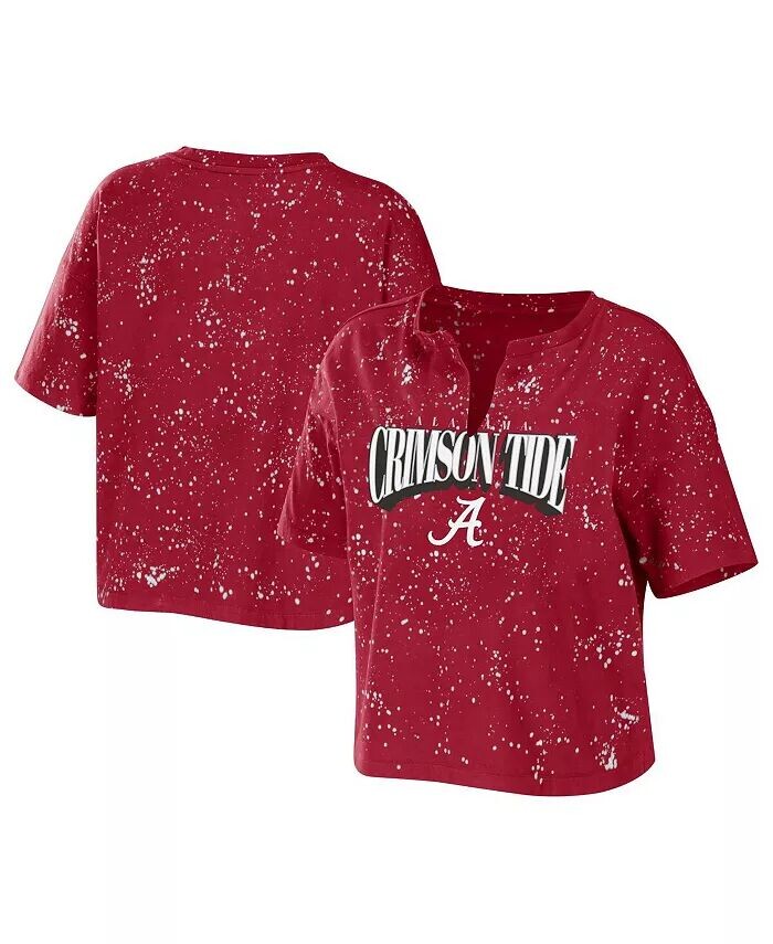 

Женская футболка Crimson Alabama Crimson Tide Bleach Wash Splatter Notch Neck Wear By Erin Andrews