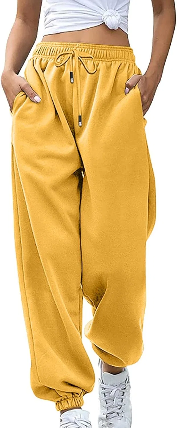 Спортивные брюки с карманами, высокая талия, свободные, Generic, A02_yellow