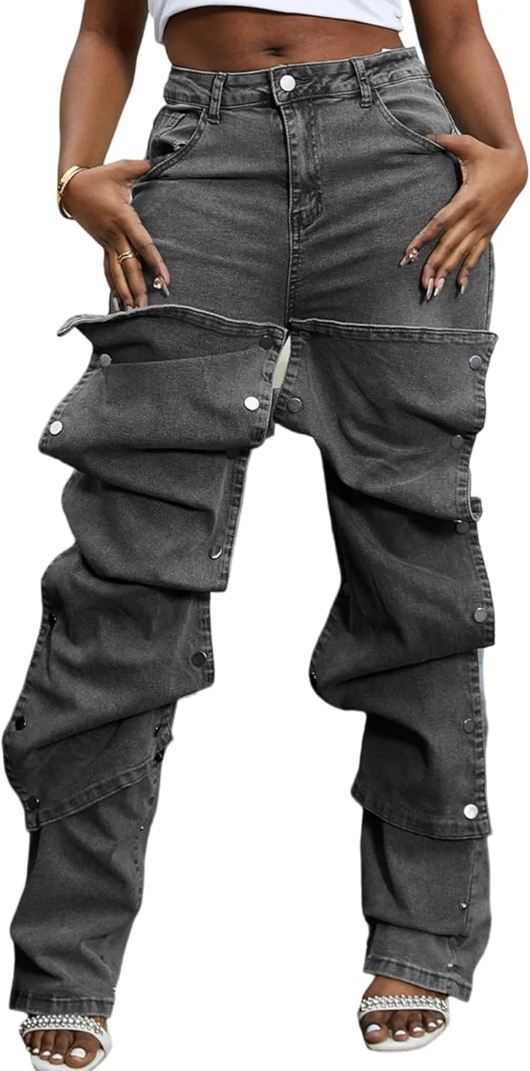 

NRTHYE Женские карго джинсы с высокой талией и прямым широким кроем