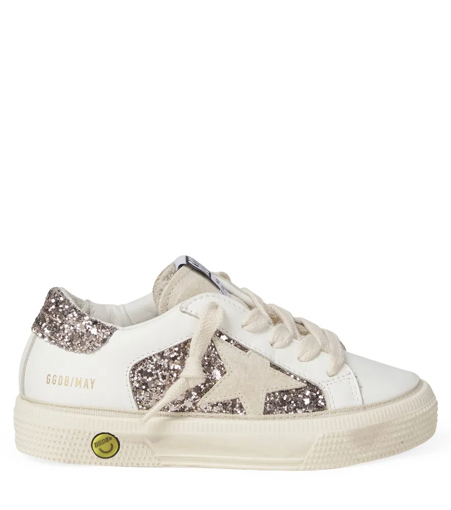 Кожаные кроссовки с майскими блестками Golden Goose Kids, белый — фото 4
