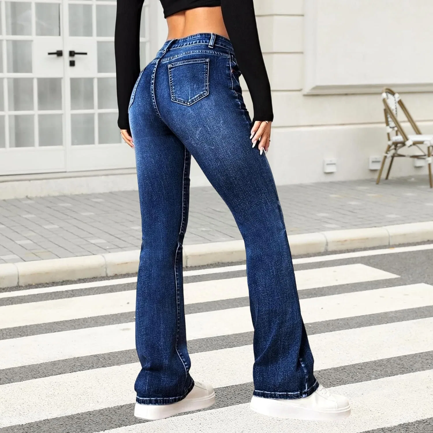 Джинсы клеш Womens Barrel Jeans High Waist Stretch Denim Pants, Dark Blue — фото 4