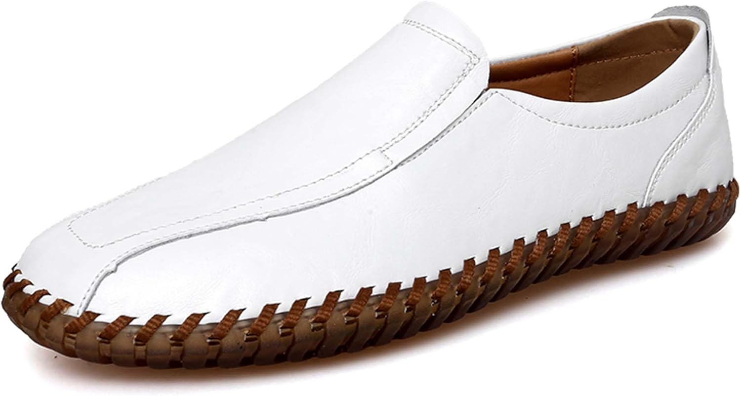 

Мужские лоферы винтажные деловые формальные кожаные туфли без шнурков, противоскользящие, дышащие, повседневные с плоской подошвой, работы и прогулок, ручная строчка Generic, белый