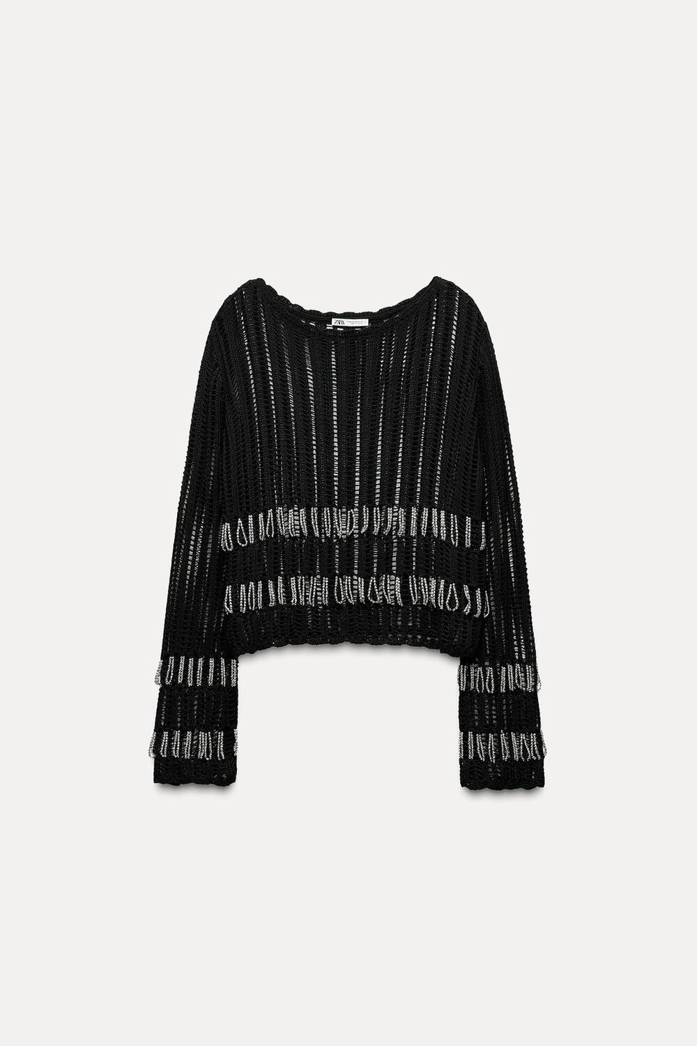 

Топ из сетчатого джерси с бисером ZARA, черный/серебристый