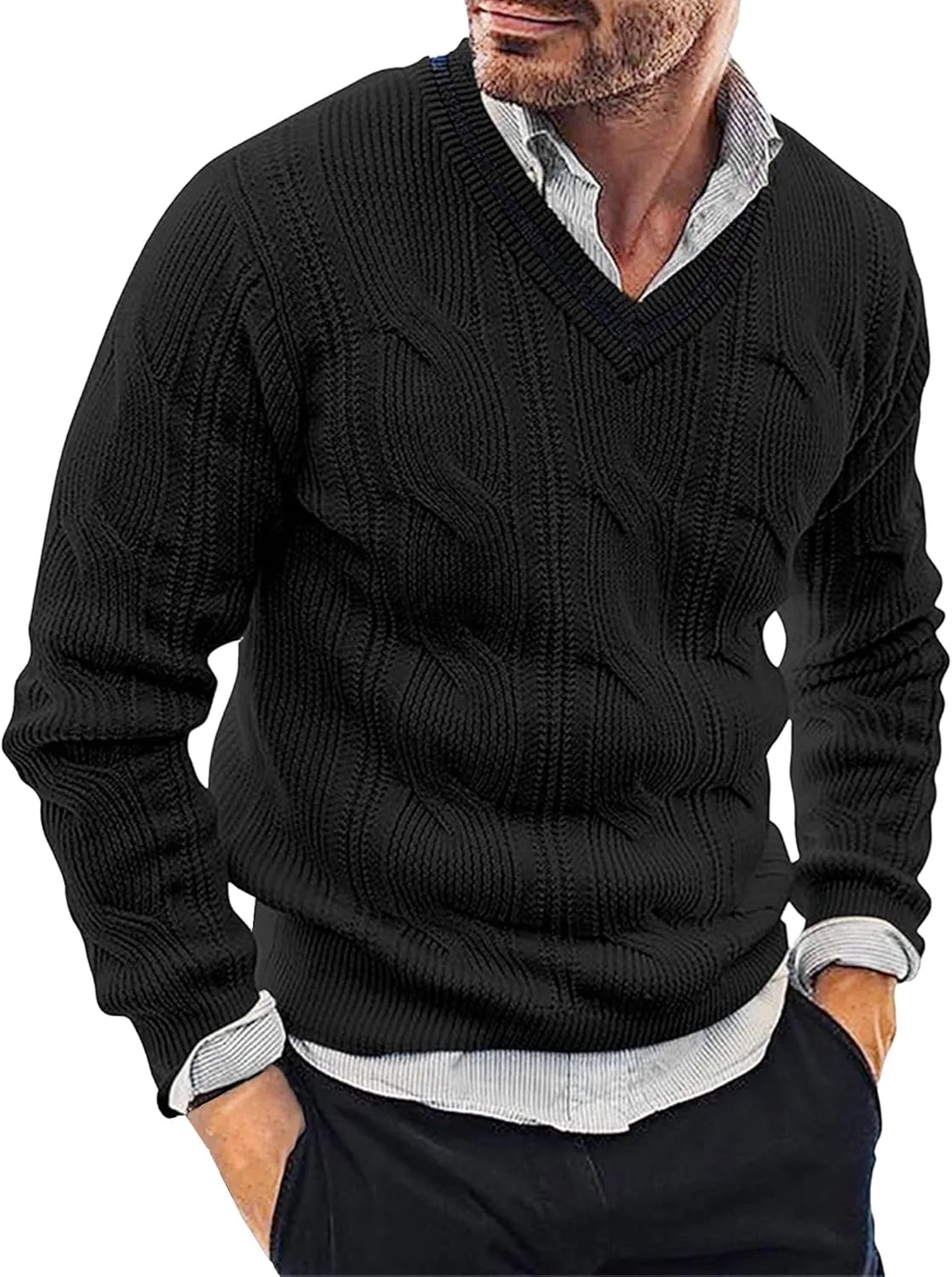 

Мужской свитер V-образным вырезом с косой вязкой