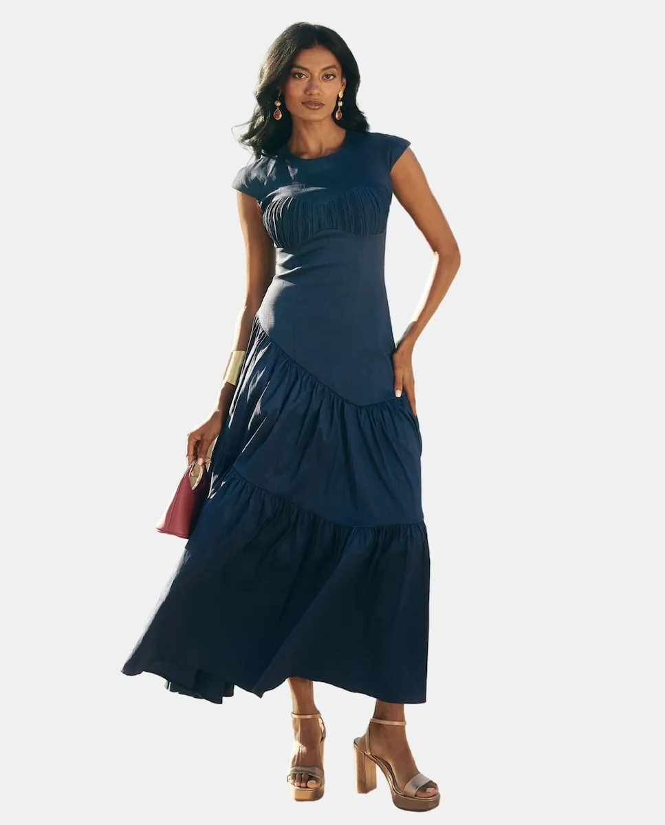 

Платье миди с приталенной талией и плиссированным вырезом MIPHAI, темно-синий