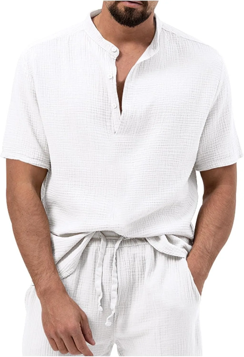 

Мужская футболка хенли с коротким рукавом и бантовым воротником, летняя, текстурированная, свободного кроя