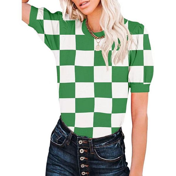 

Женский топ с круглым вырезом и короткими рукавами Clearflower, Gree White Plaid