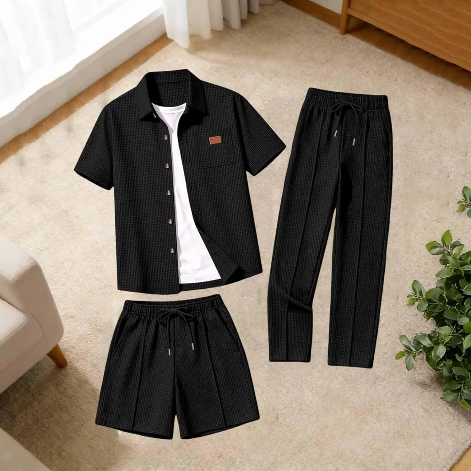 Мужской спортивный костюм из 3 предметов, футболка, шорты и брюки, Black — фото 4