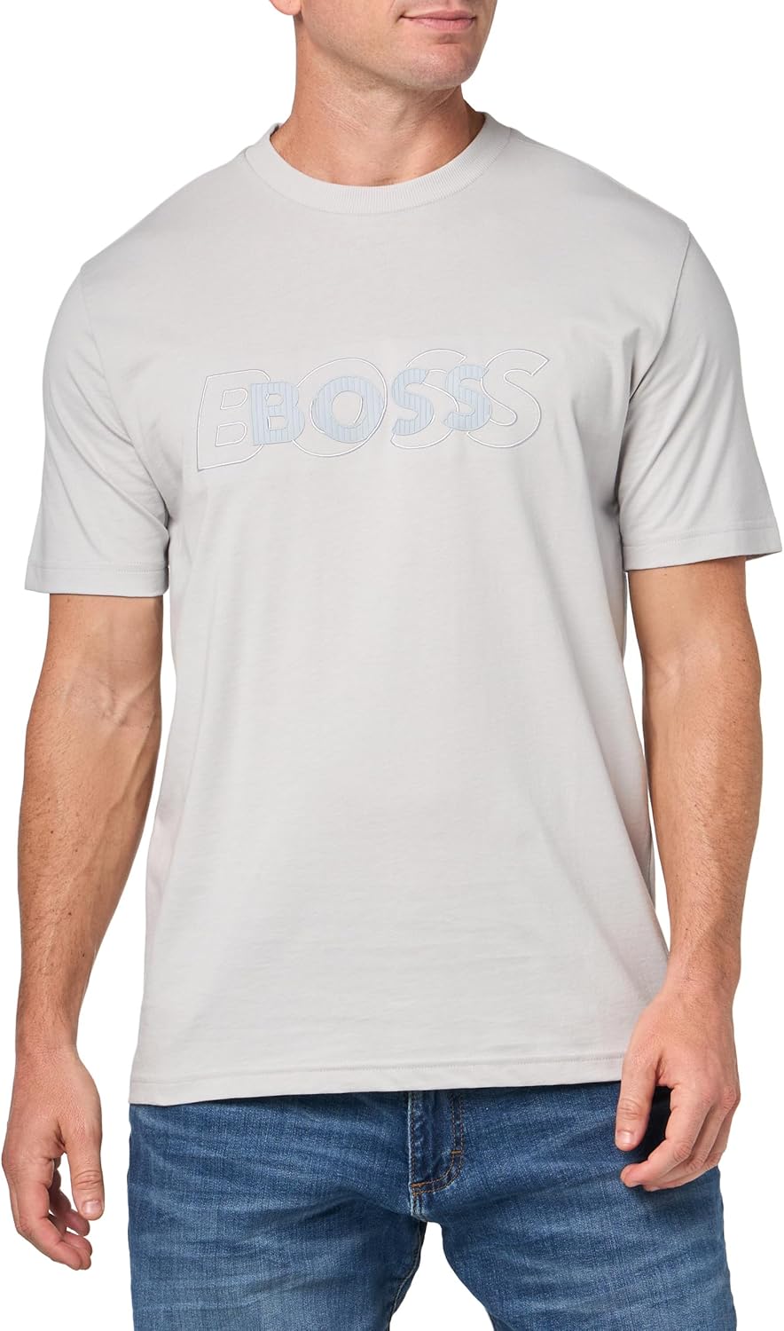 

Мужская хлопковая футболка BOSS с двойным логотипом, High Rise Grey, Серый, Мужская хлопковая футболка BOSS с двойным логотипом, High Rise Grey