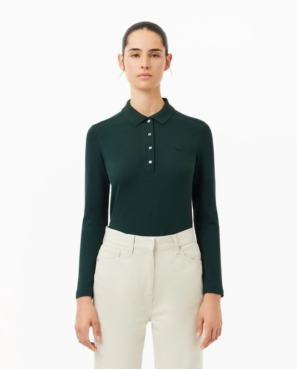 

Женская поло облегающего кроя из эластичного пике с длинными рукавами Lacoste, темно-зеленый