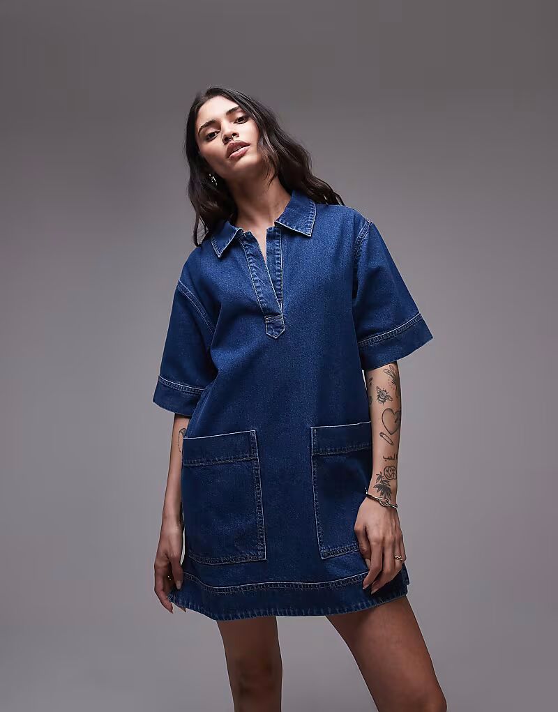

Джинсовый мини-пуловер Topshop с короткими рукавами, платье-регби, средне-синее