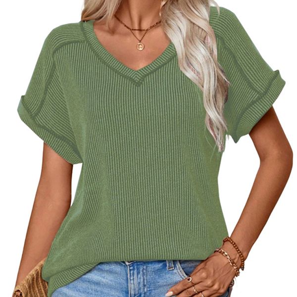 

Женская летняя футболка с V-образным вырезом и коротким рукавом в двухцветном исполнении Joyjoy, Army Green, Зеленый, Женская летняя футболка с V-образным вырезом и коротким рукавом в двухцветном исполнении Joyjoy, Army Green