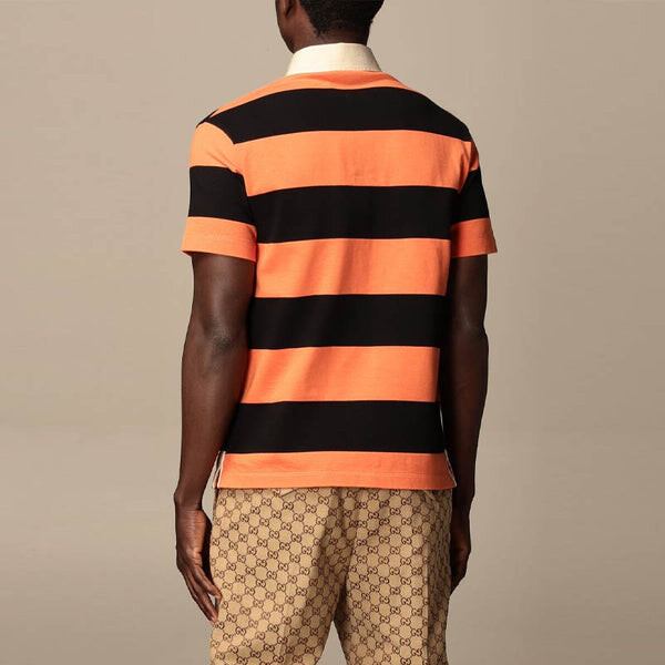 Футболка GUCCI SS21 Striped Cotton Polo With Patch 'Orange Black', оранжевый — фото 3