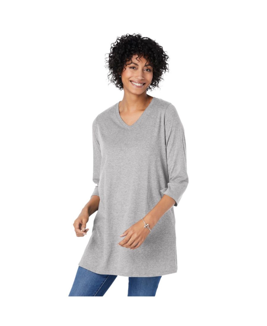 

Туника больших размеров с рукавами три четверти и V-образным вырезом Woman Within, Heather grey