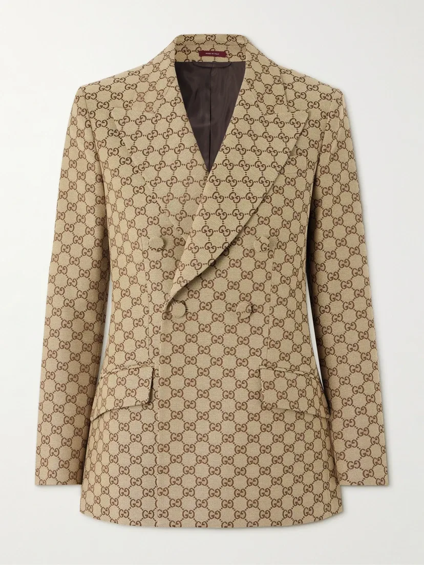 Пиджак Gucci Двубортный жаккардовый из хлопковой смеси канваса, классический крой, бежевый