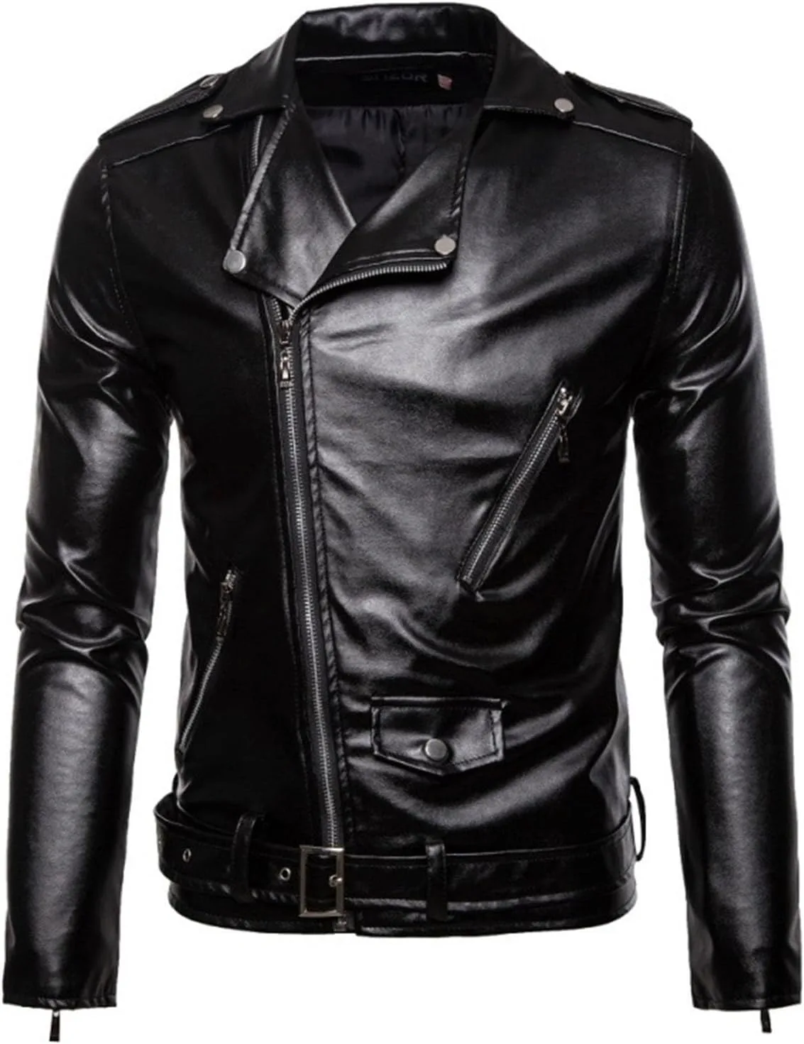 Кожаная куртка мужская Faux Bomber Punk Motorcycle с лацканом, асимметричной молнией и поясом Generic, черный