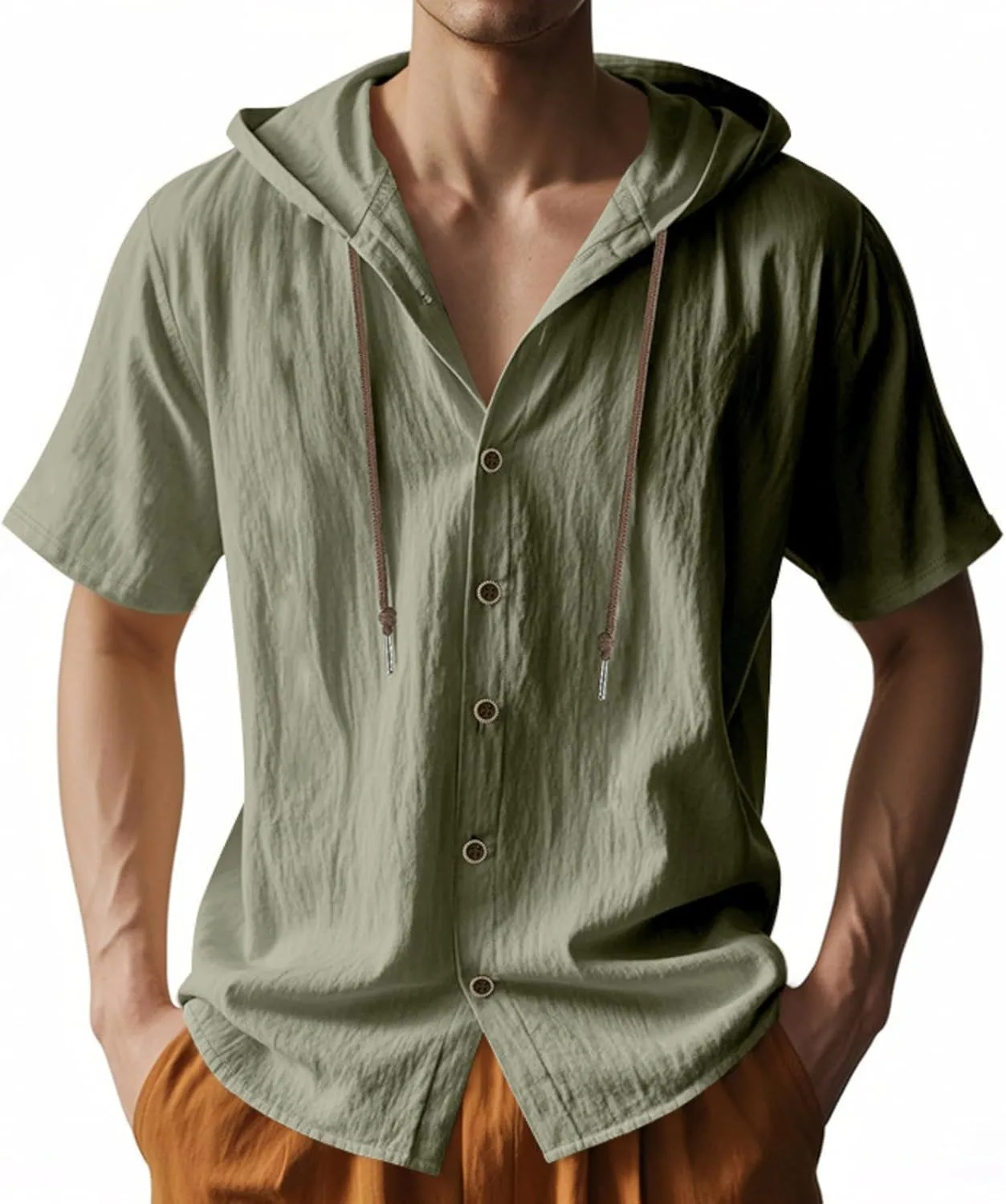 

Мужская льняная рубашка с капюшоном, короткий рукав, летняя JMYECM