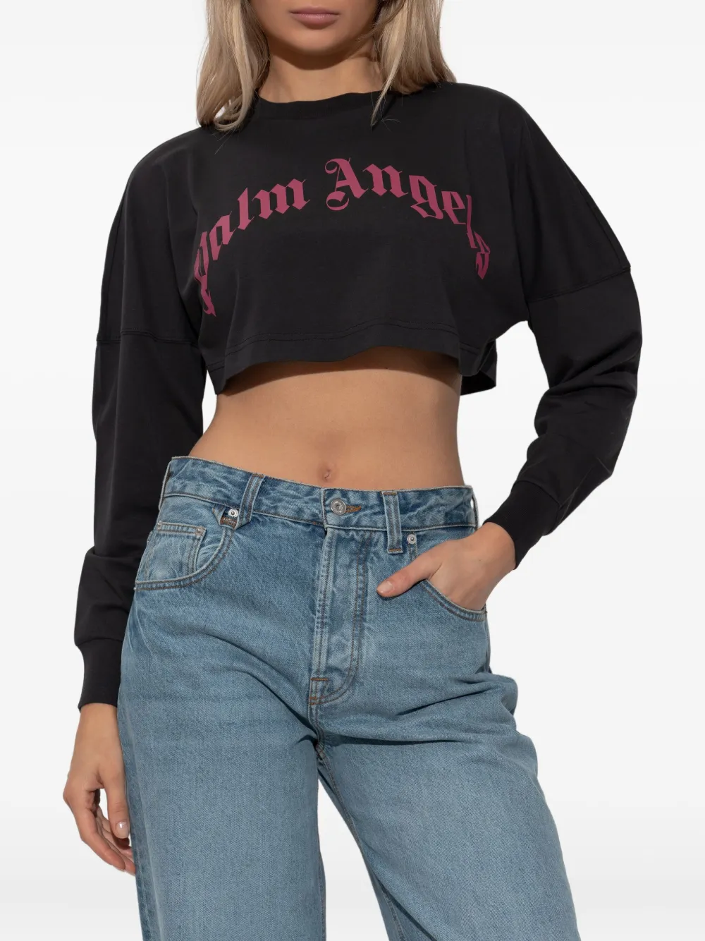 Укороченный топ с длинными рукавами Palm Angels, черный — фото 3