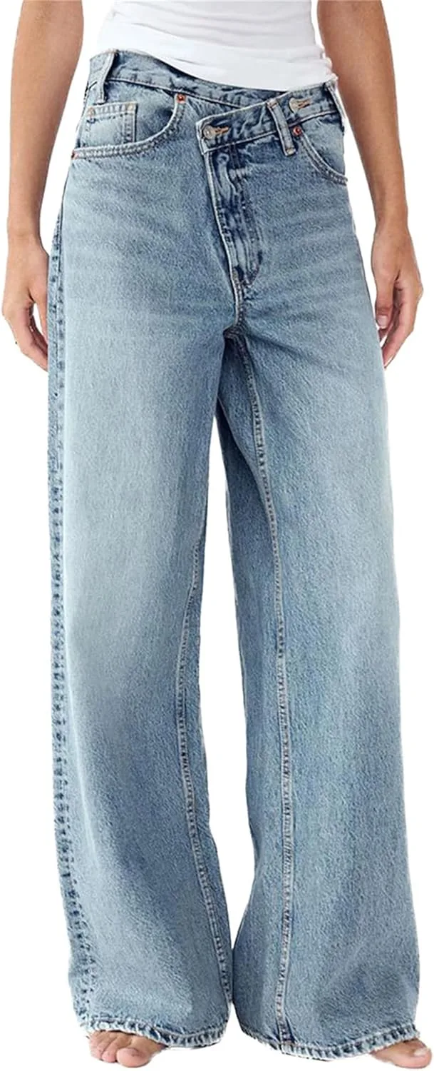 

Owl's-Yard Women's Y2k джинсы Mid Rise Washed Baggy Crossover Wide Leg