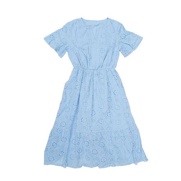 

Женское платье с вышивкой летнее повседневное с v-образным вырезом короткий рукав силуэт а-силуэта кружевное струящееся пляжное миди Inspire Chic, Sky Blue