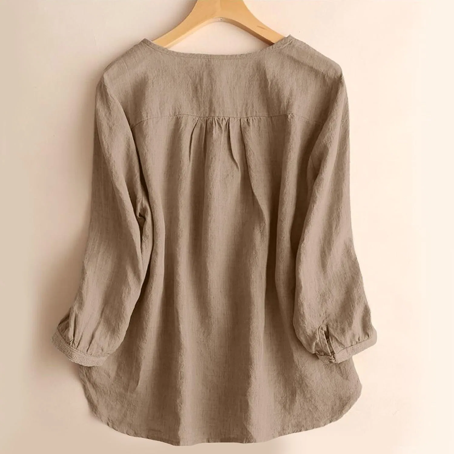 Блуза из льна с хлопком, свободный крой, женская, Khaki — фото 2