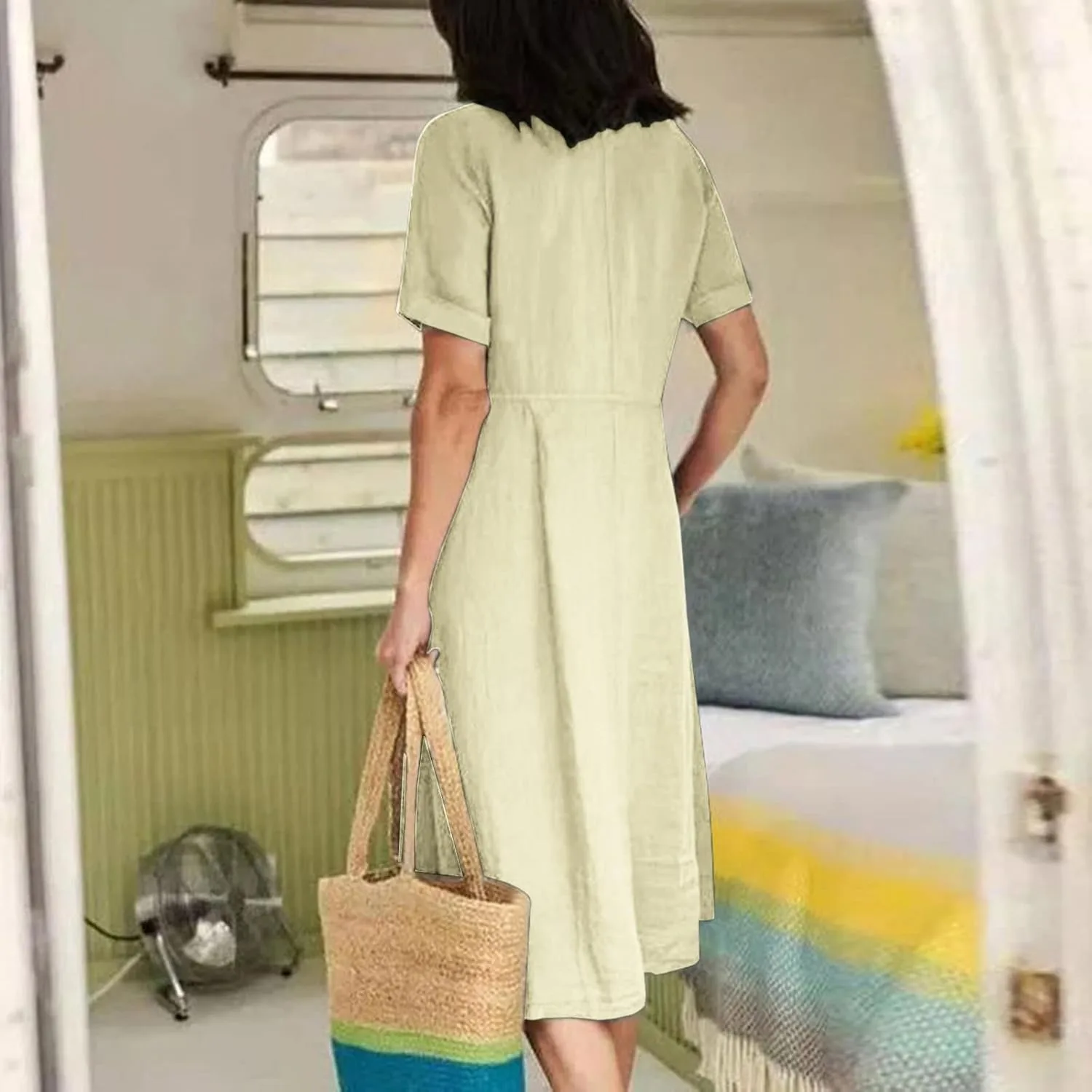 Платье Plus Size из хлопка и льна с коротким рукавом и карманами для летнего отдыха на пляже Generic, бежевый — фото 3