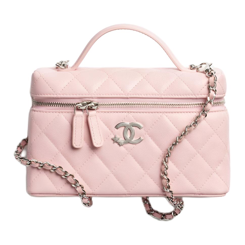 

CHANEL Блестящая зернистая тисненая телячья кожа Женская косметичка ручной клади Светло-розовый