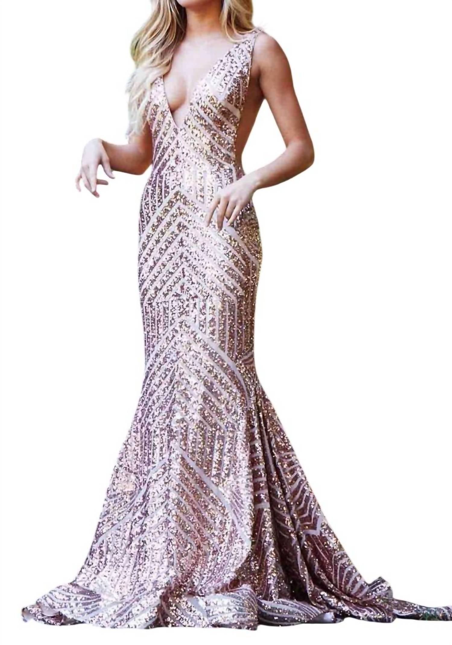 

Розово-золотое платье с пайетками и глубоким V-вырезом JOVANI