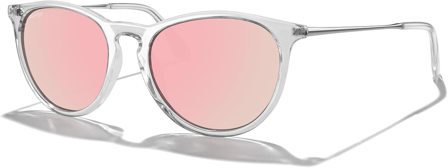 

Винтажные поляризованные солнцезащитные очки MERRY'S для женщин и мужчин, ретро-стиль, круглые зеркальные линзы, защита от ультрафиолета UV400, Transparent Frame/Pink Mirror Lens/Silver Legs