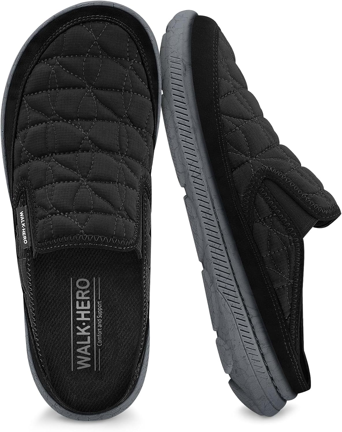 

Мужские тапочки при подошвенном фасциите, домашние тапочки с поддержкой свода стопы для мужчин, легкие обувь для дома и улицы с широким носком и амортизирующей подошвой Walk Hero Comfort And Support, черный