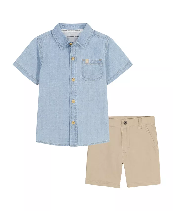 

Комплект для мальчиков: рубашка на пуговицах с эффектом enzyme-wash и шорты из твила Calvin Klein