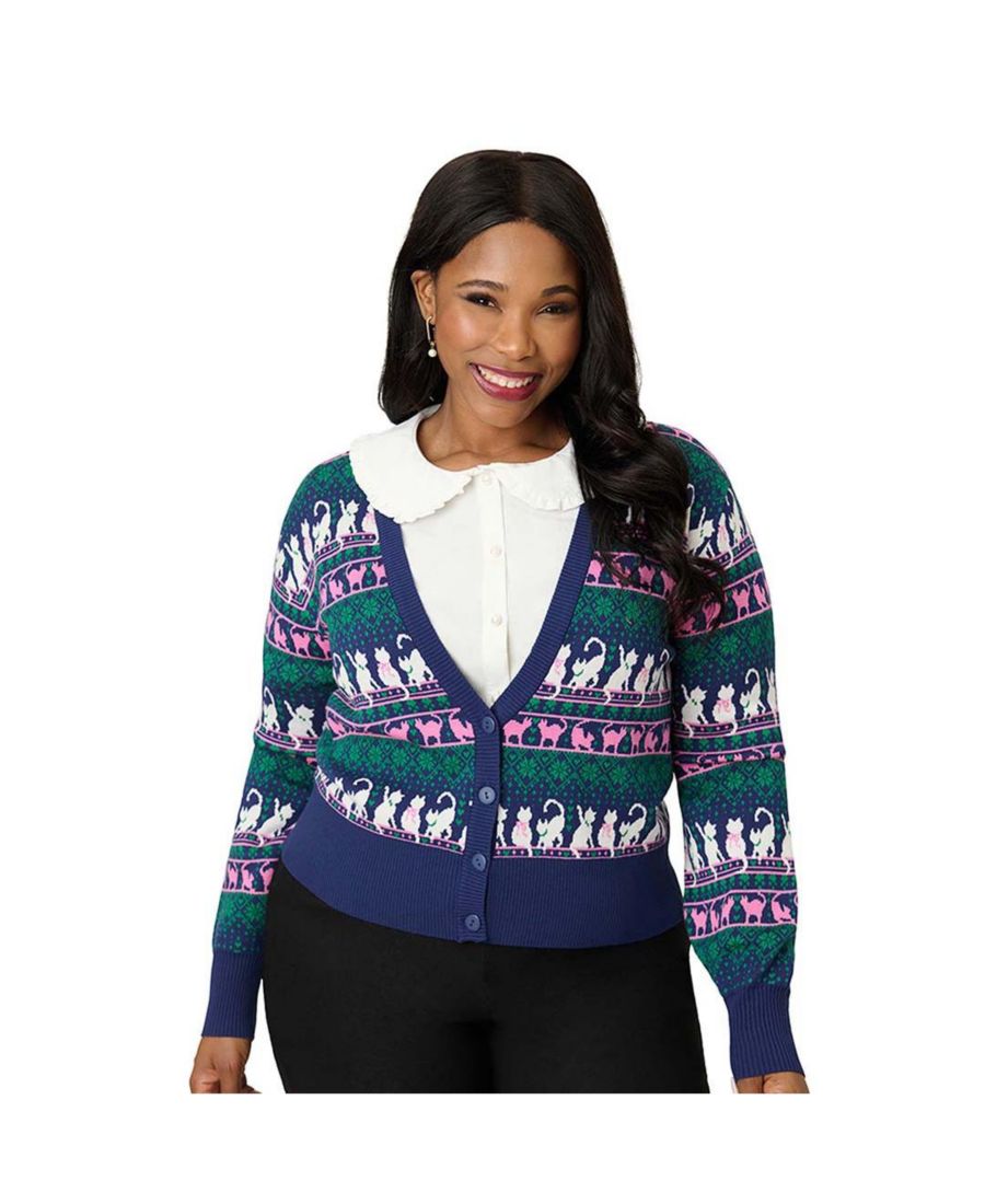 

Женский укороченный вязаный кардиган Unique Vintage, Navy cat print