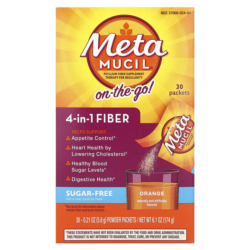 

Metamucil, On-The-Go, клетчатка 4 в 1, без сахара, апельсин, 30 пакетиков с порошком по 5,8 г (0,21 унции)