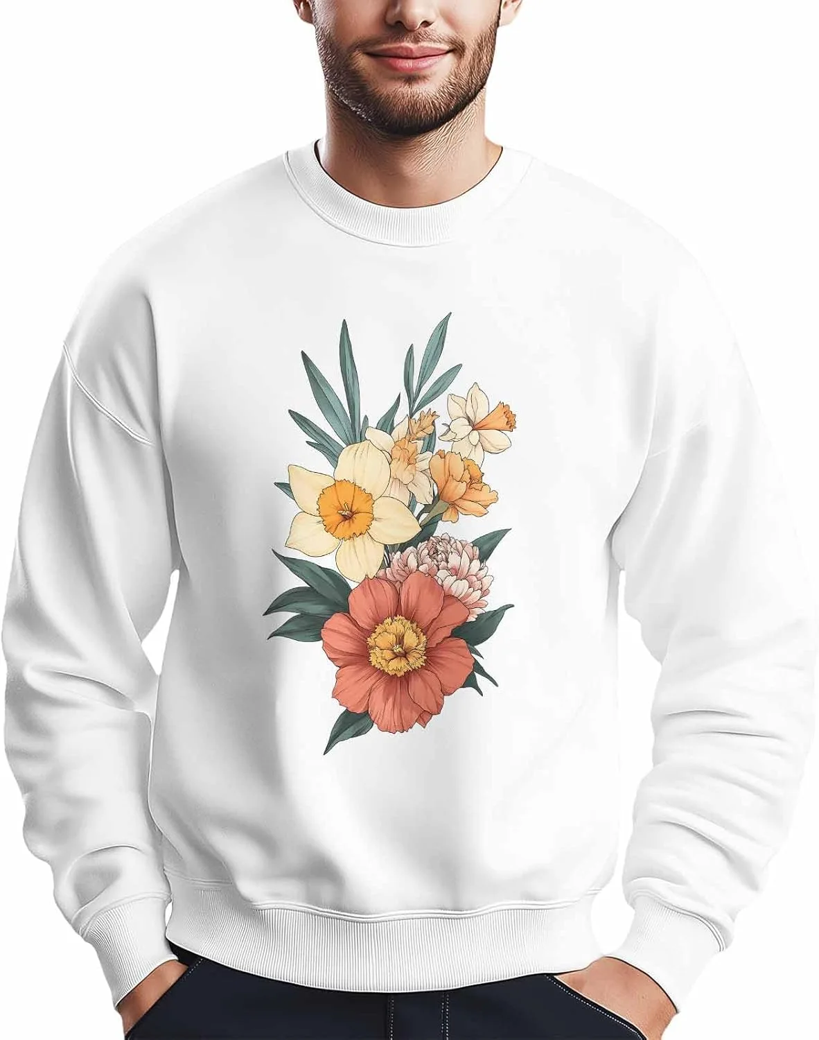 

Мужской свитшот с желтым цветочным принтом, Crewneck, Long Sleeve Winvebermior
