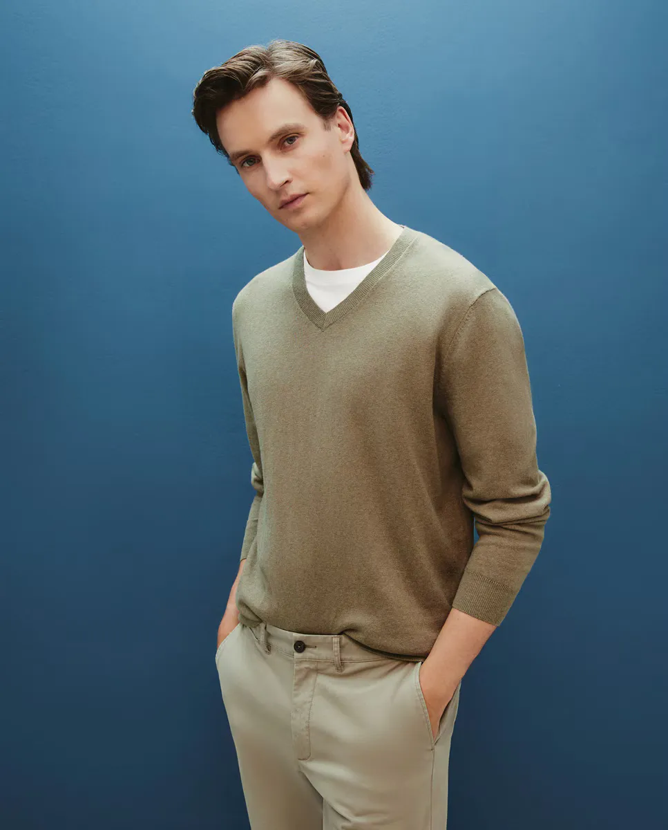 

Мужской свитер из хлопка и кашемира с V-образным вырезом Dustin, цвет Kaki